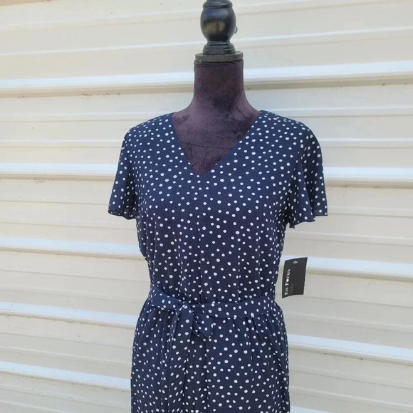 NWT En Focus Studio Women Navy Blue Polka Dot V-Neck Jumpsuit sz 6 - Picture 2 of 12